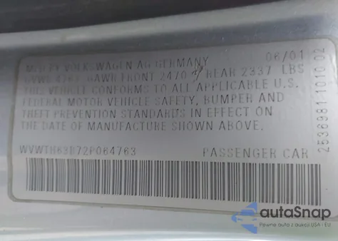 2002 Volkswagen Passat Glx z USA, uszkodzony, nr VIN WVWTH63B72P064763